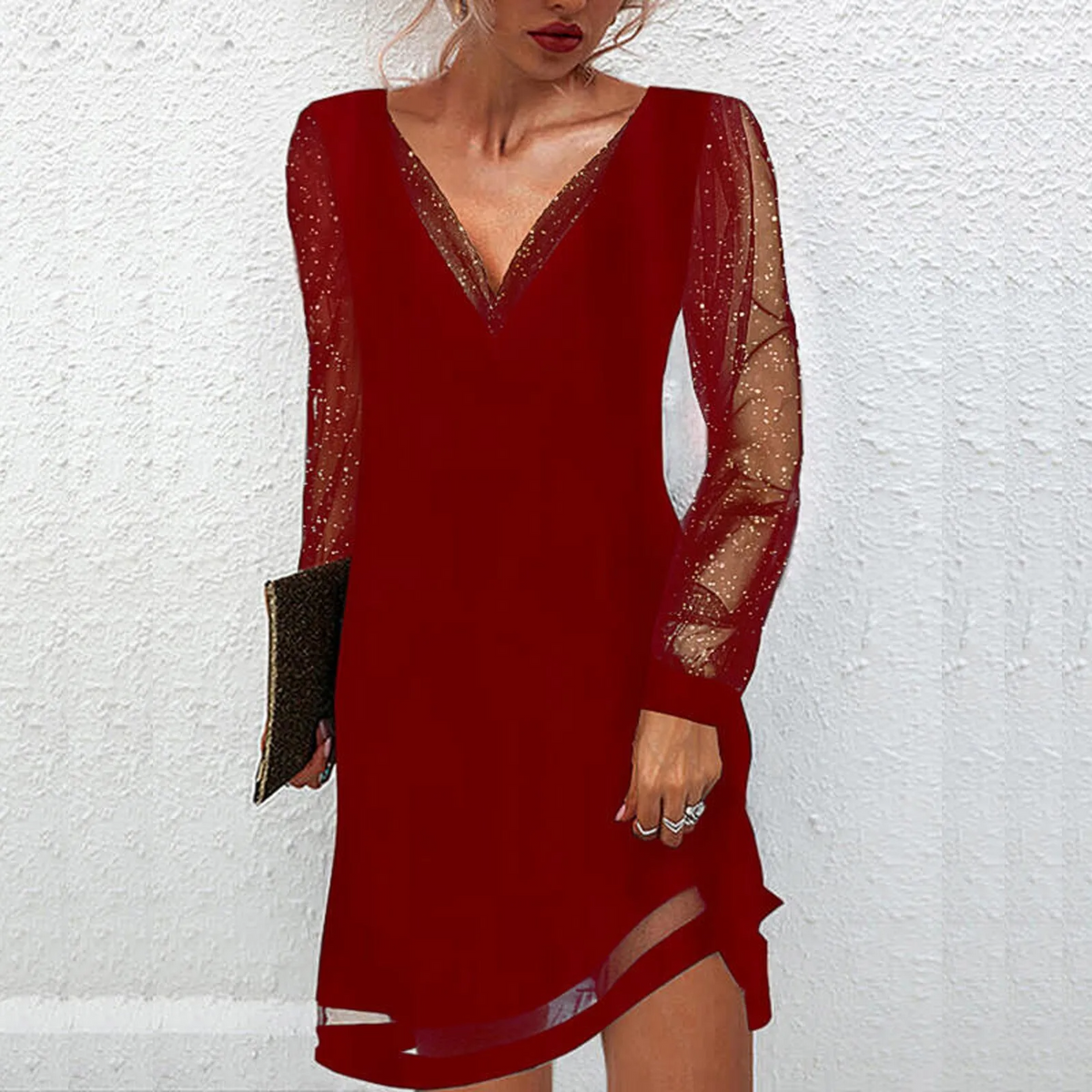 Partykleid Damen | V-Ausschnitt mit Glitzerärmeln 2