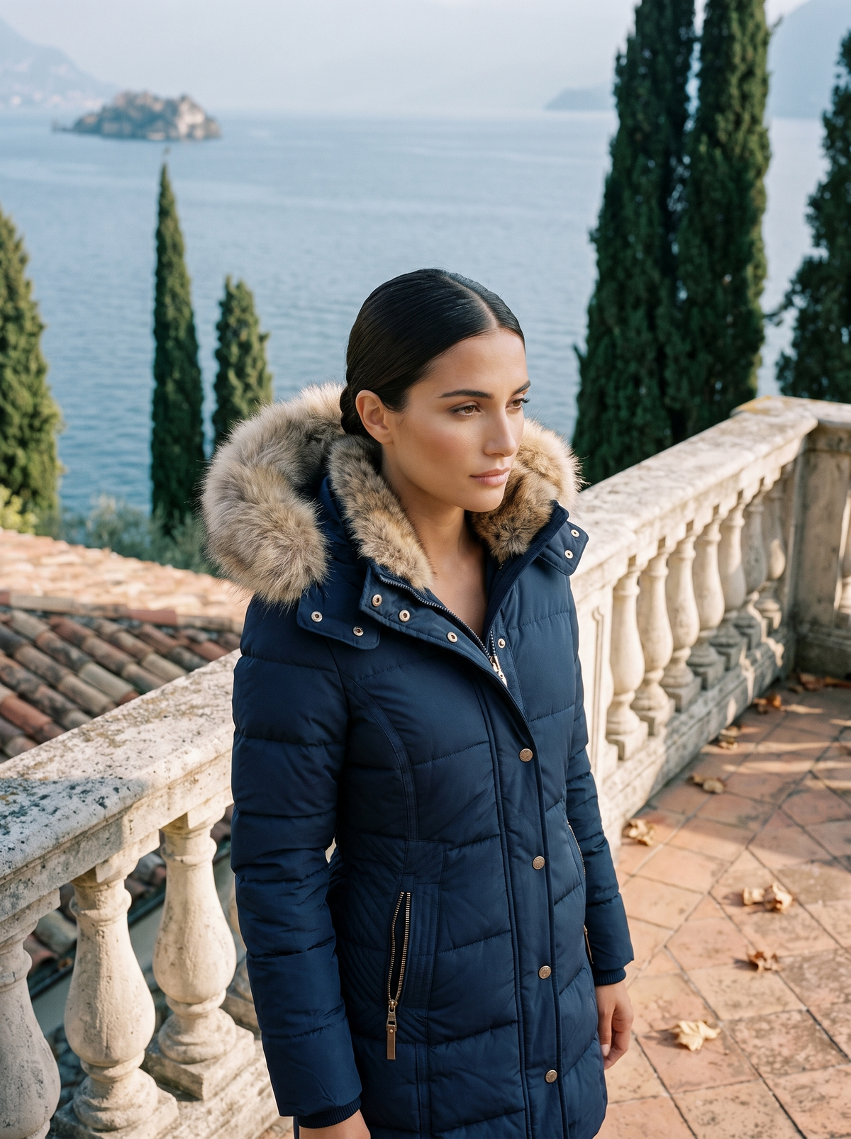 Damen Daunenjacke mit abnehmbarer Fellkapuze und figurbetonter Silhouette - J&B - 6 - Annoboutique