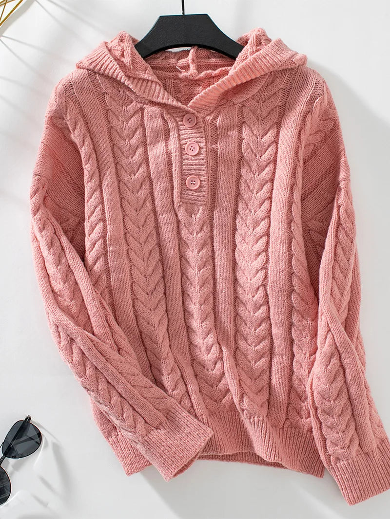 Damen-Hoodie aus Strick mit Knopf-Ausschnitt und lässiger Passform - J&B - 4 - Annoboutique