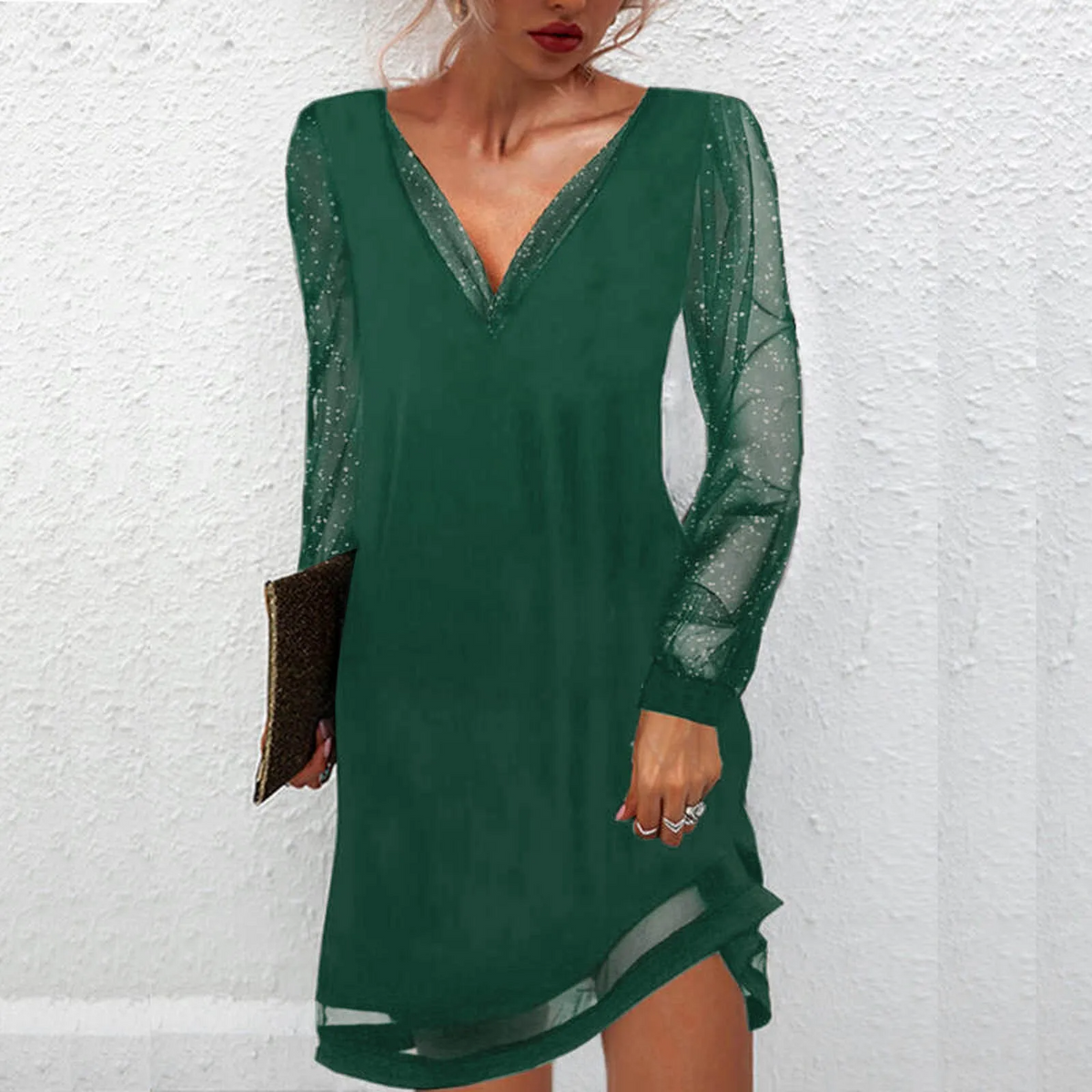 Partykleid Damen | V-Ausschnitt mit Glitzerärmeln 3