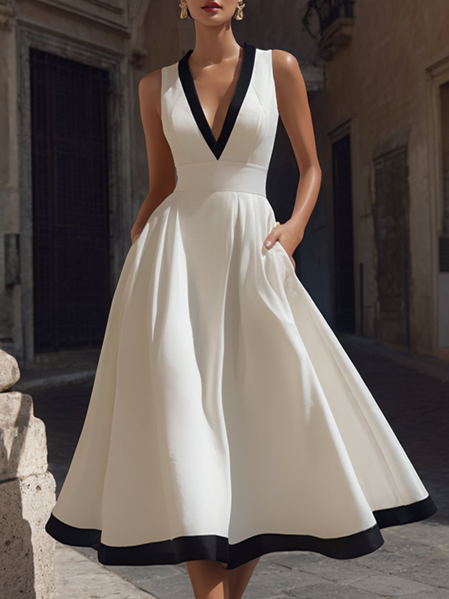 Adorine - Elegantes Midi-Kleid mit V-Ausschnitt, A-Linie, Kontrastbesatz und Taschen 1