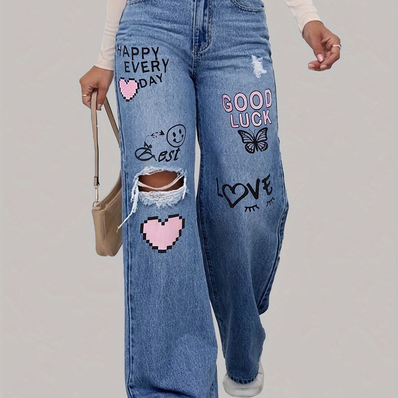 Baggy Jeans Damen | Herz-Graffiti-Print & Wide-Leg Streetstyle