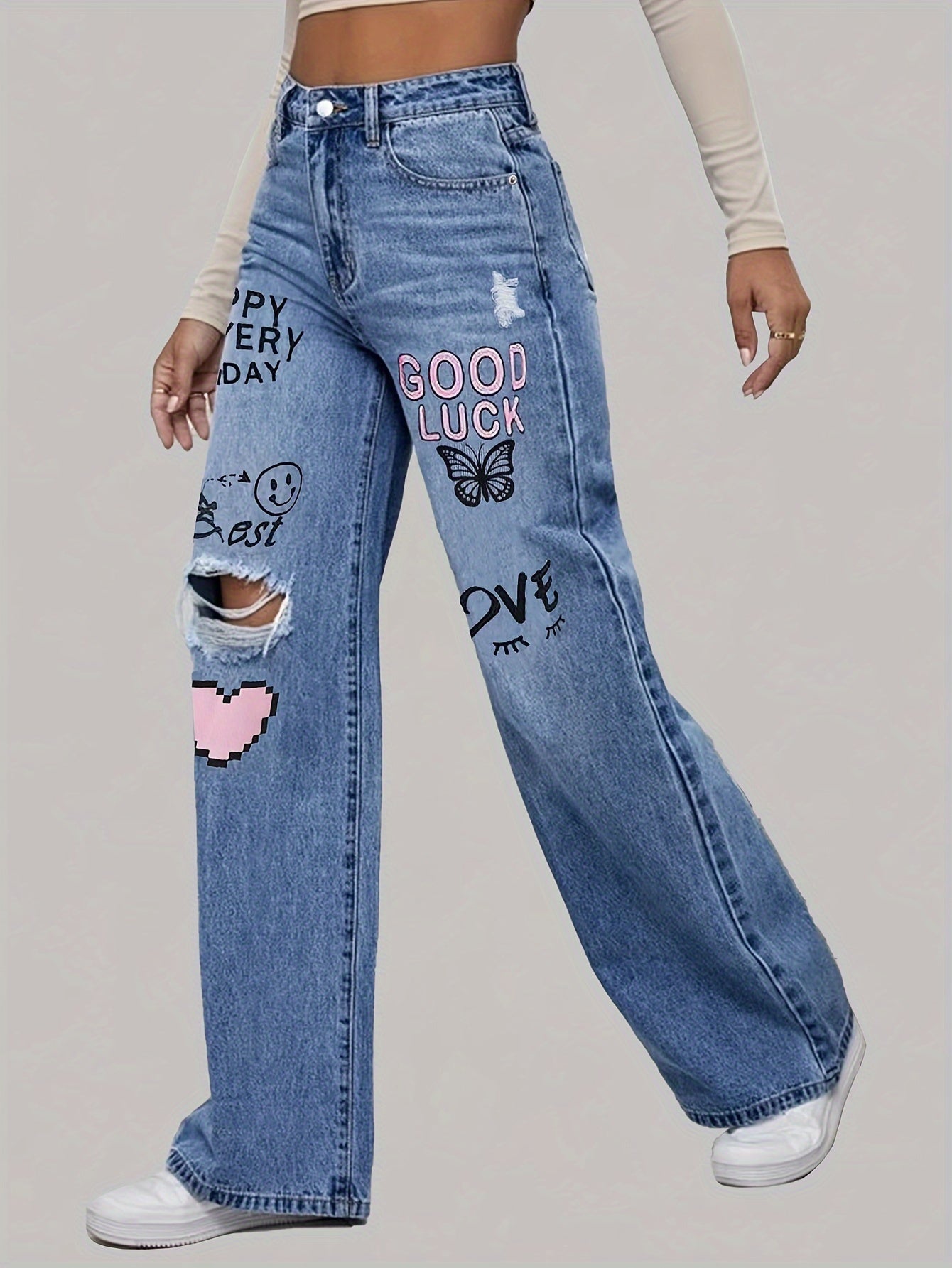 Baggy Jeans Damen | Herz-Graffiti-Print & Wide-Leg Streetstyle