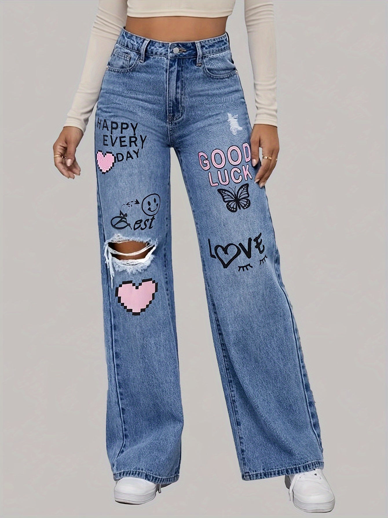 Baggy Jeans Damen | Herz-Graffiti-Print & Wide-Leg Streetstyle