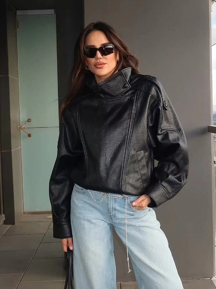 Bikerjacke Damen | Oversize Schnitt mit hohem Kragen