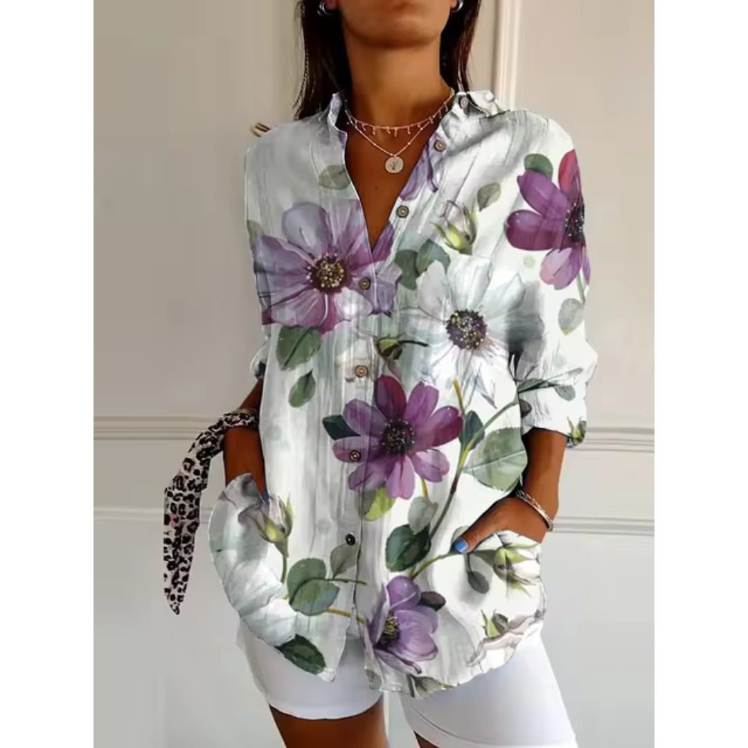 Blumenbluse mit Langen Ärmeln und Klassischem Kragen – Elegante Damenbluse für Jeden Anlass