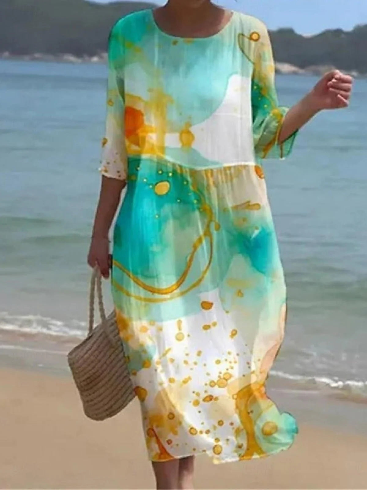 Blumenkleid Damen | Fließendes Midi mit Rosenprint & 3/4-Ärmeln