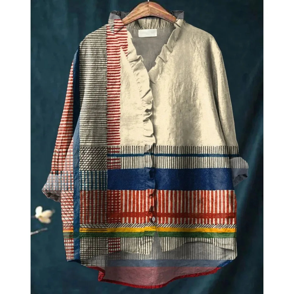 Bluse Damen | Boho Fisch-Print & Rüschenbesatz
