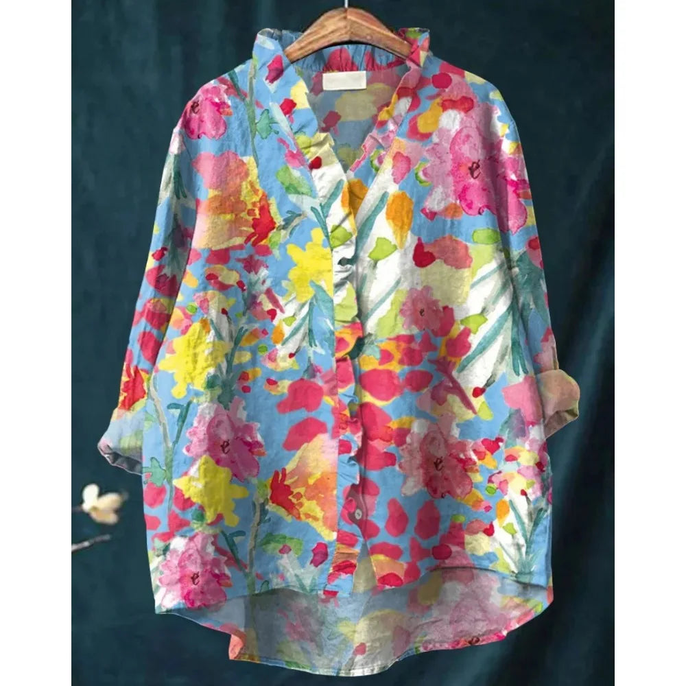 Bluse Damen | Boho Fisch-Print & Rüschenbesatz
