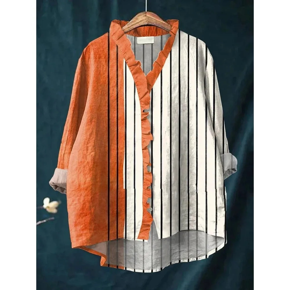 Bluse Damen | Boho Fisch-Print & Rüschenbesatz