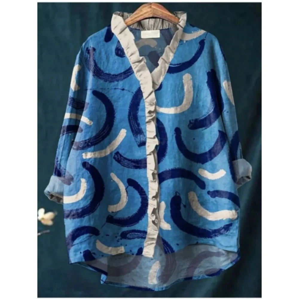Bluse Damen | Boho Fisch-Print & Rüschenbesatz