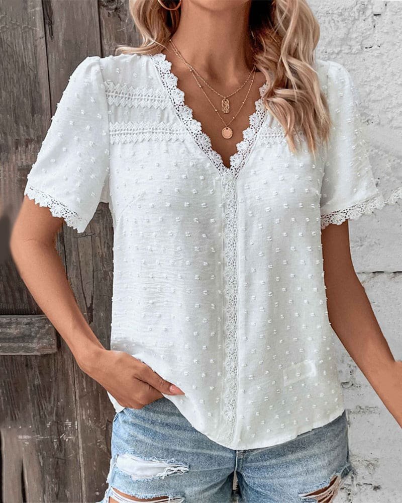 Bluse Damen | Boho V-Ausschnitt, Spitzenbesatz & Punktemuster