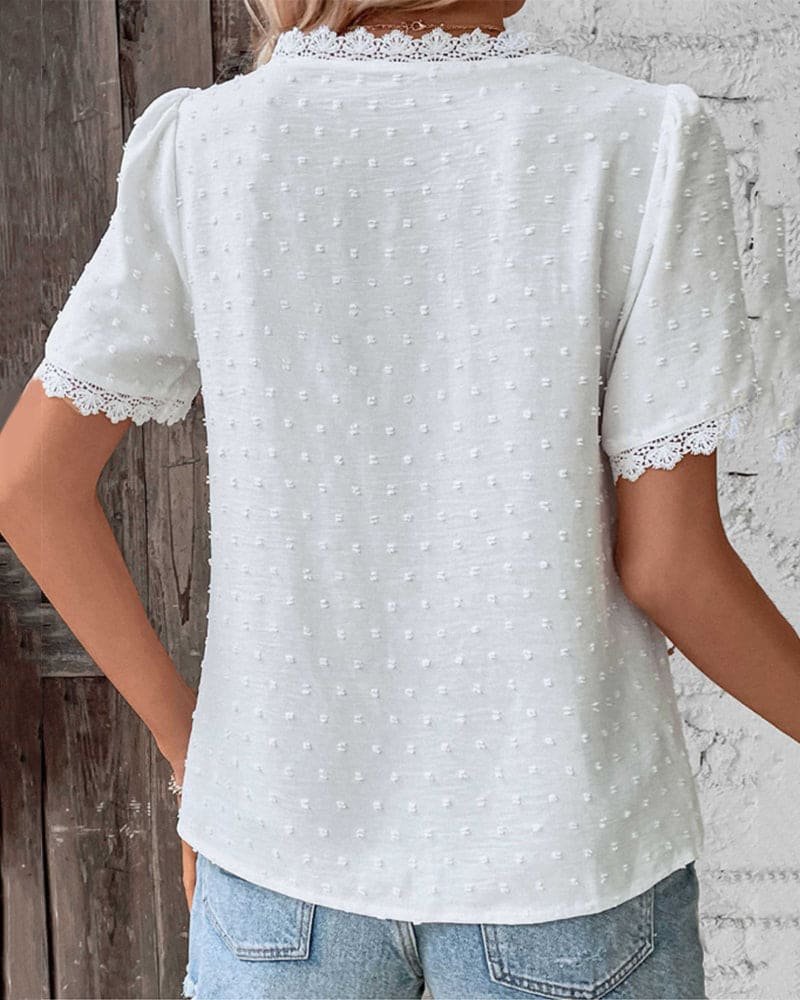 Bluse Damen | Boho V-Ausschnitt, Spitzenbesatz & Punktemuster