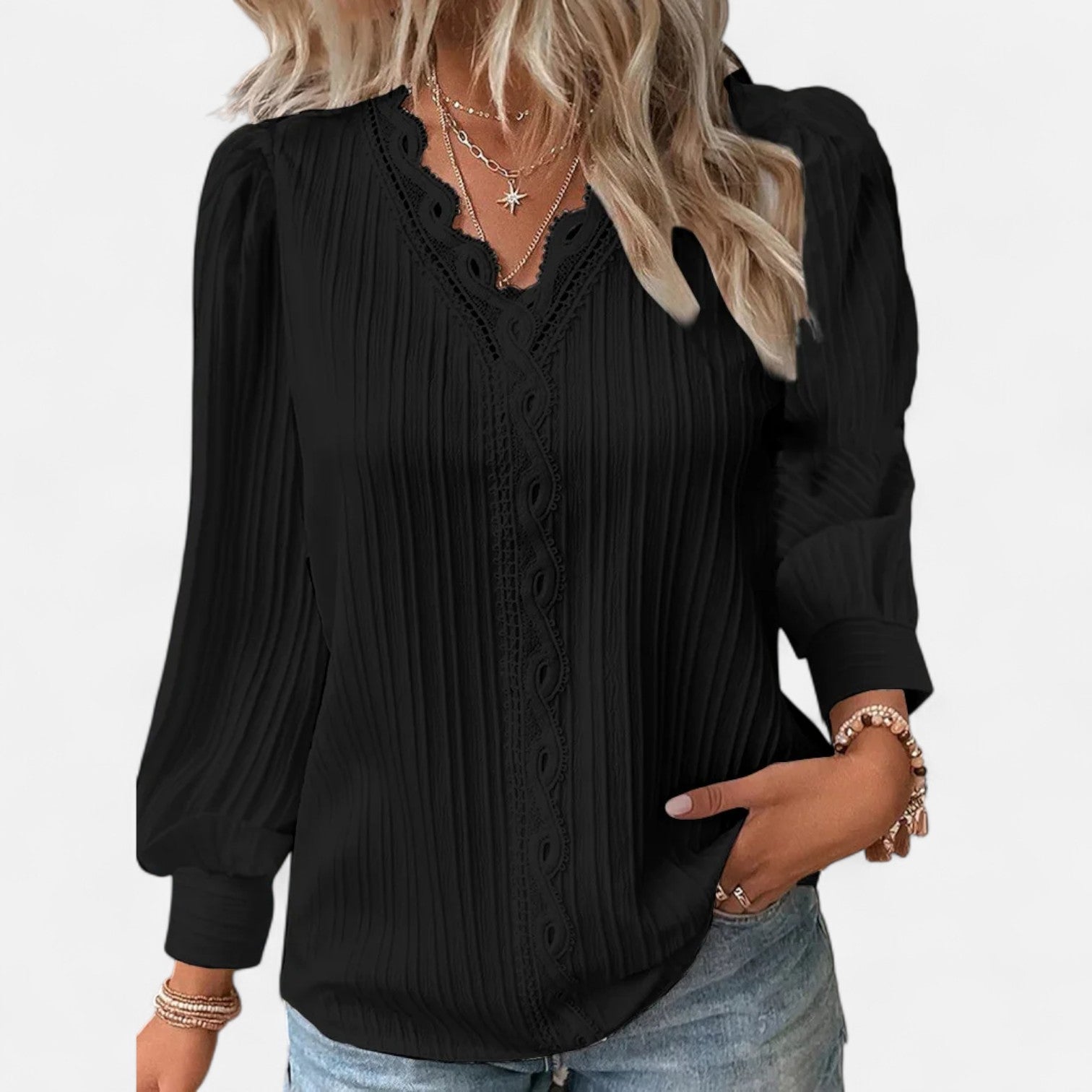 Bluse Damen | Elegant mit Spitzenbesatz & V-Ausschnitt Langarm