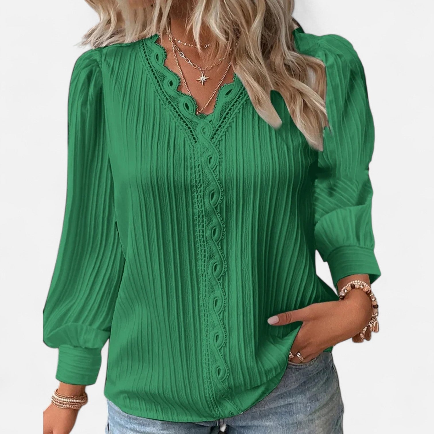 Bluse Damen | Elegant mit Spitzenbesatz & V-Ausschnitt Langarm