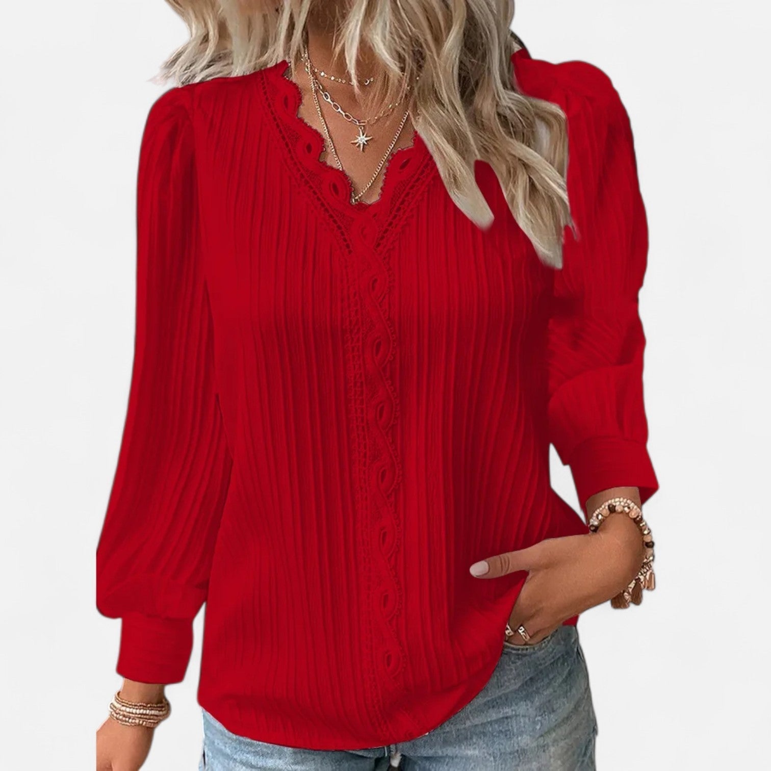 Bluse Damen | Elegant mit Spitzenbesatz & V-Ausschnitt Langarm