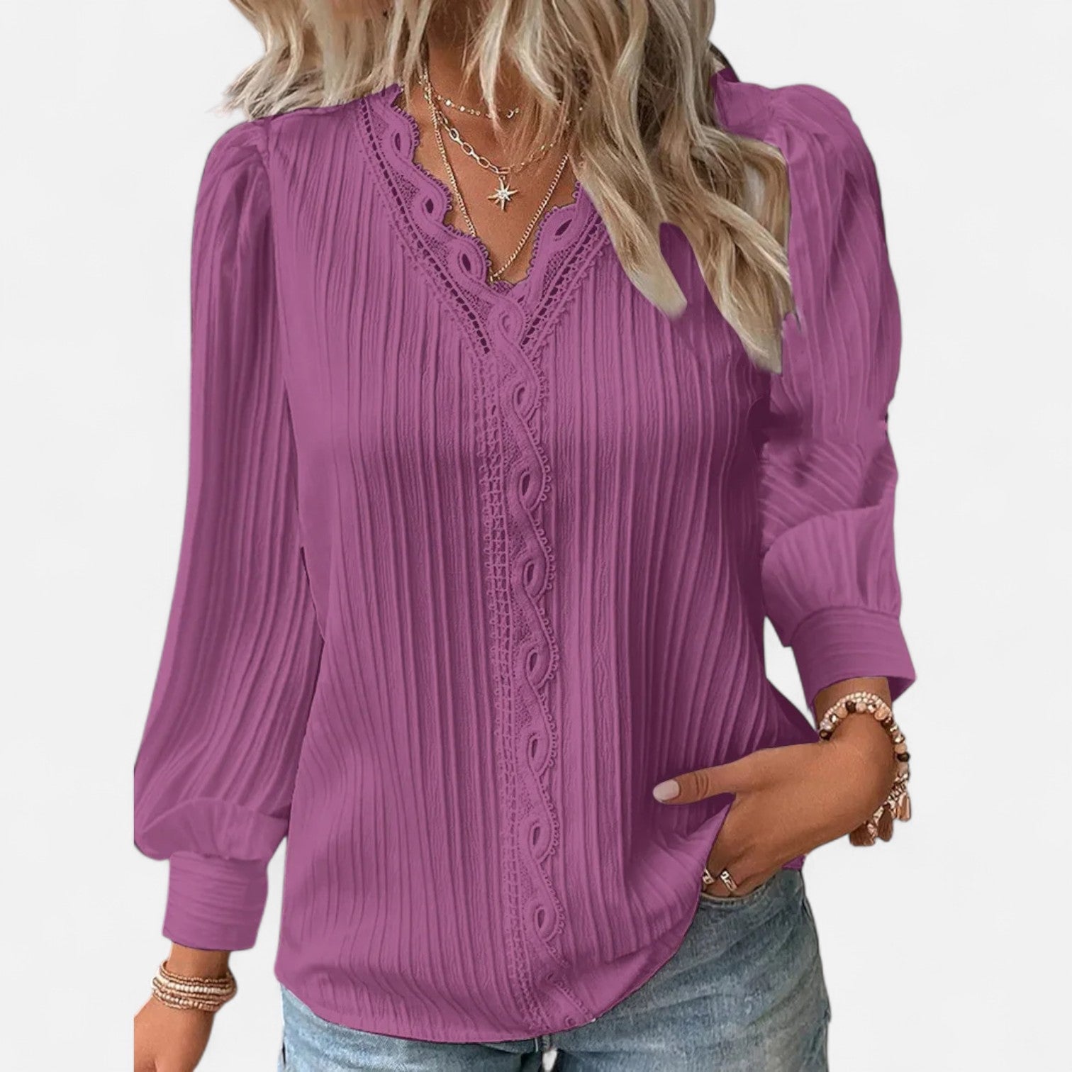 Bluse Damen | Elegant mit Spitzenbesatz & V-Ausschnitt Langarm