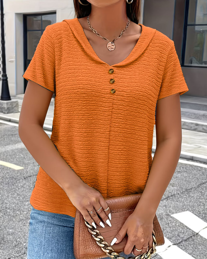 Bluse Damen | Strukturiertes Kurzarm-Top mit Goldknöpfen & Kragen