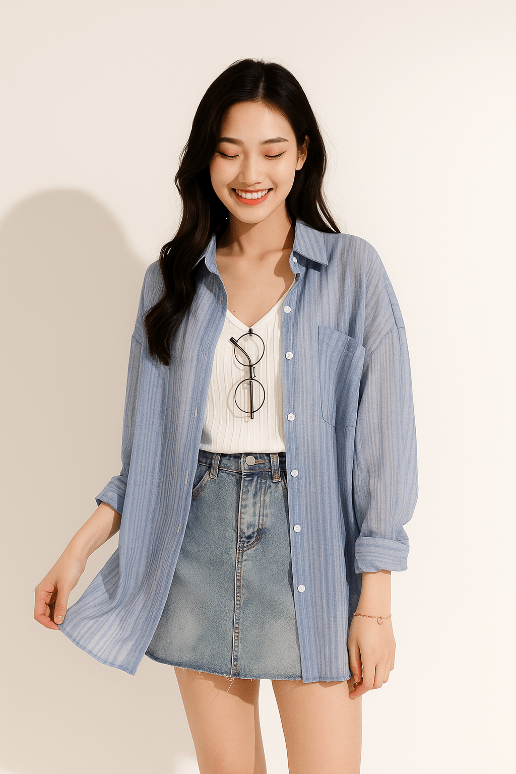 Yvet Lockere Bluse mit Knopfleiste und Brusttasche 0