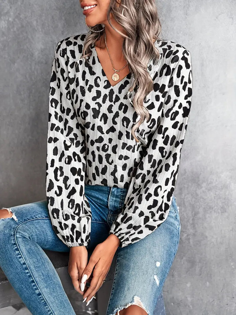 Bluse mit Leopardenmuster und V-Ausschnitt für Frauen - Mia