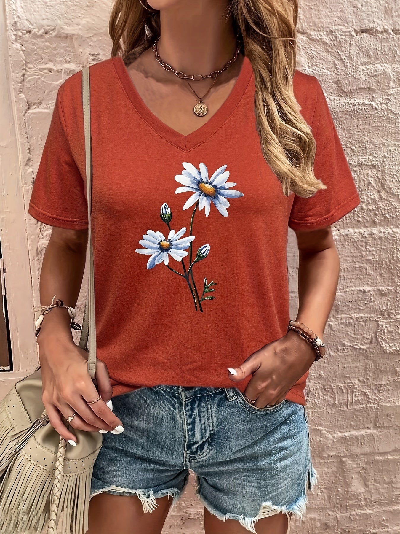 Celine™ - Floral V-Ausschnitt T-Shirt 8