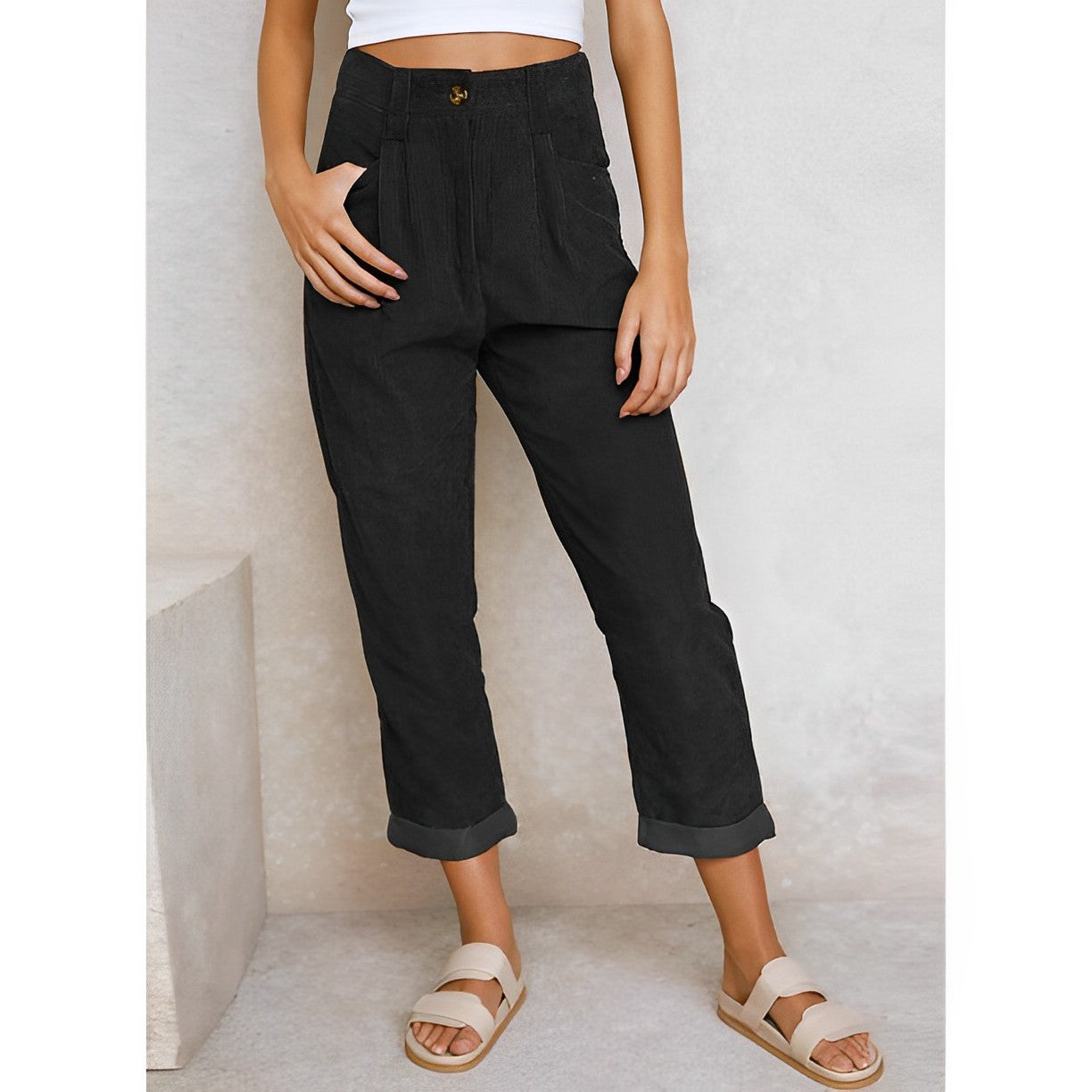 Cordhose Damen | High Waist Hose mit Bundfalten & Umschlagsaum
