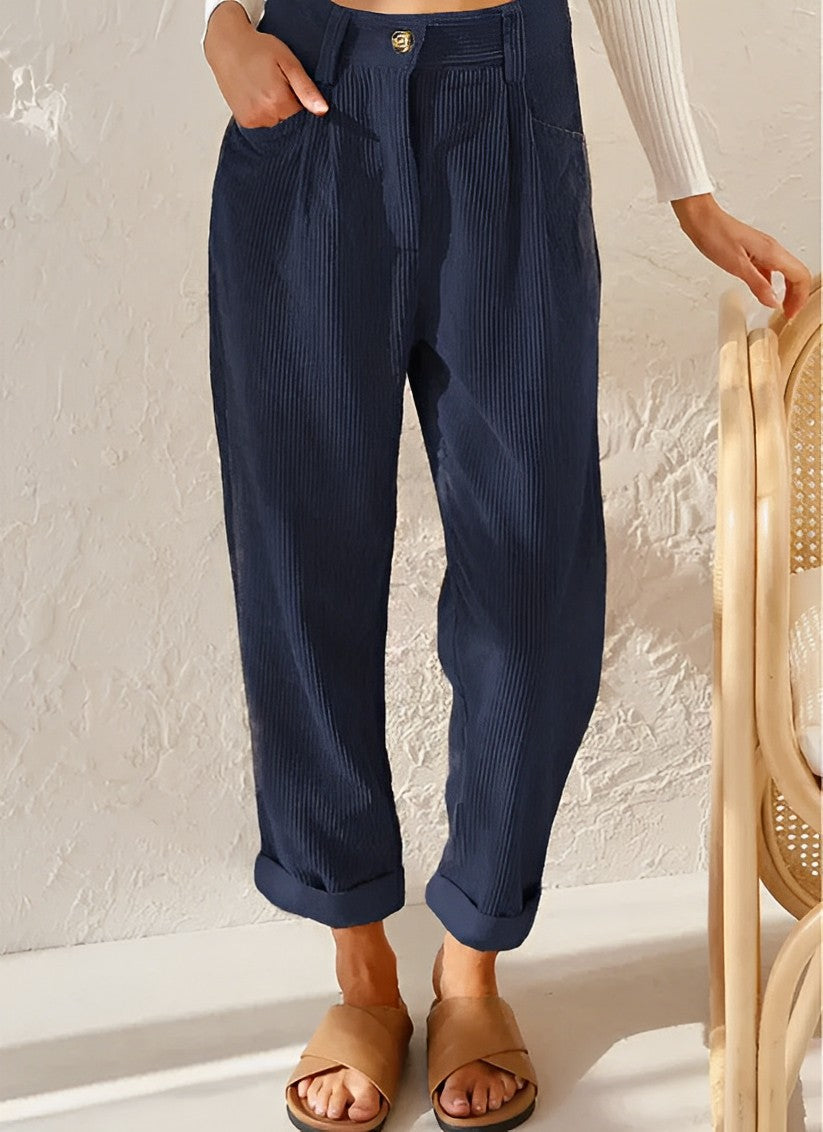 Cordhose Damen | High Waist Hose mit Bundfalten & Umschlagsaum