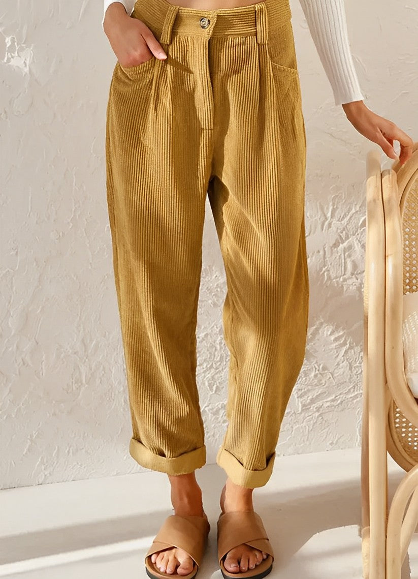Cordhose Damen | High Waist Hose mit Bundfalten & Umschlagsaum