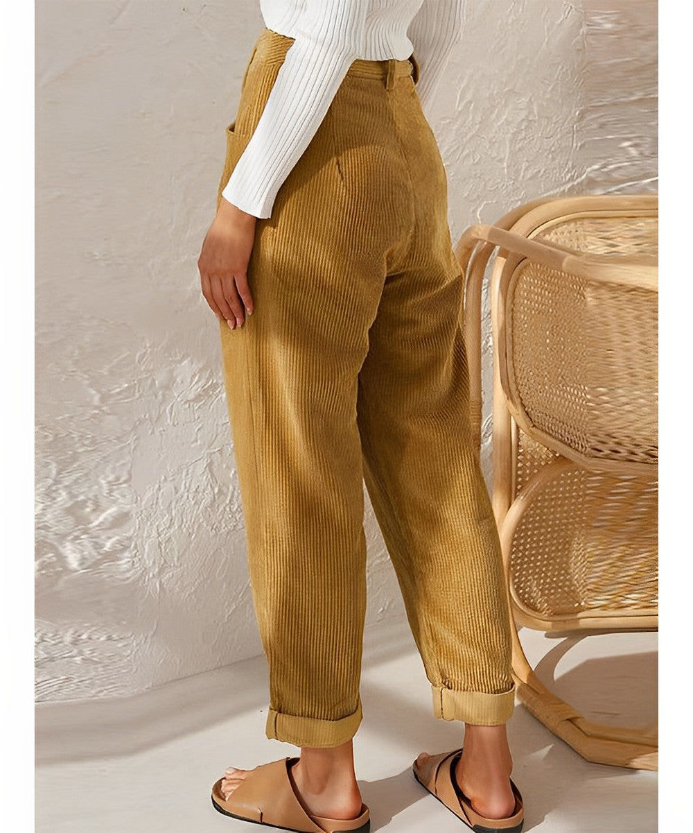 Cordhose Damen | High Waist Hose mit Bundfalten & Umschlagsaum