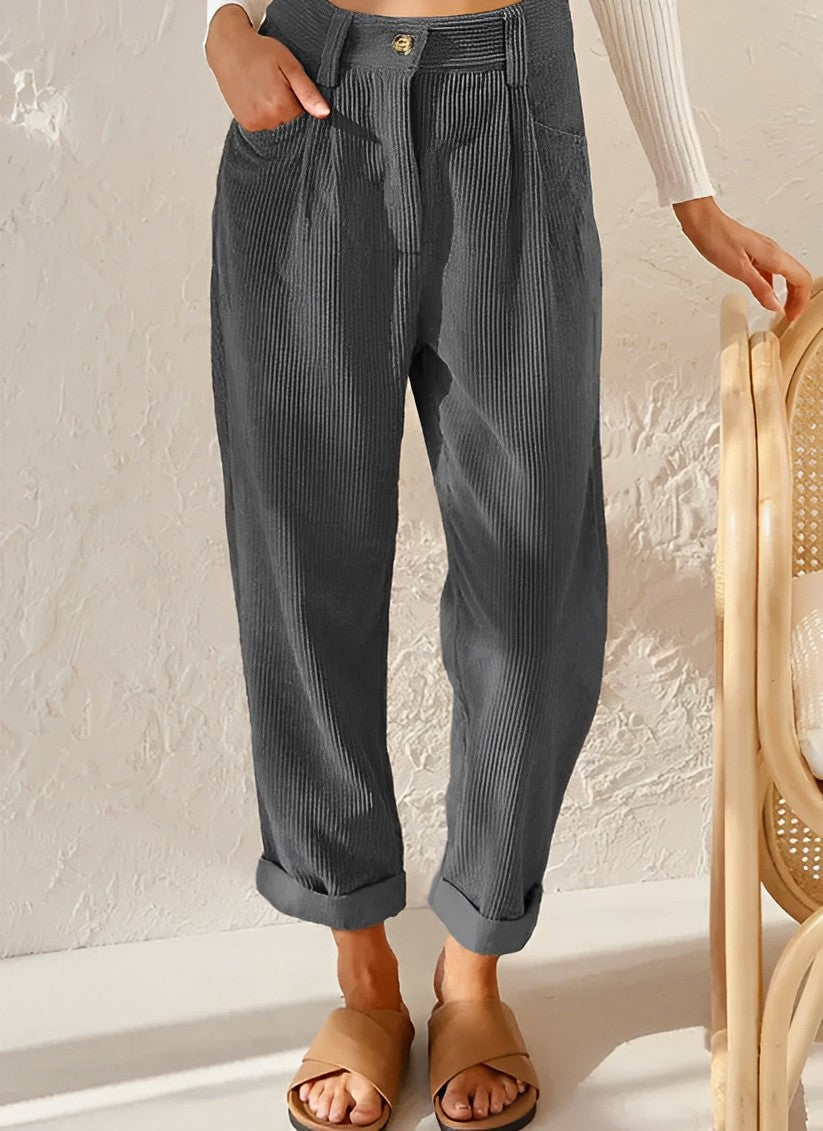 Cordhose Damen | High Waist Hose mit Bundfalten & Umschlagsaum