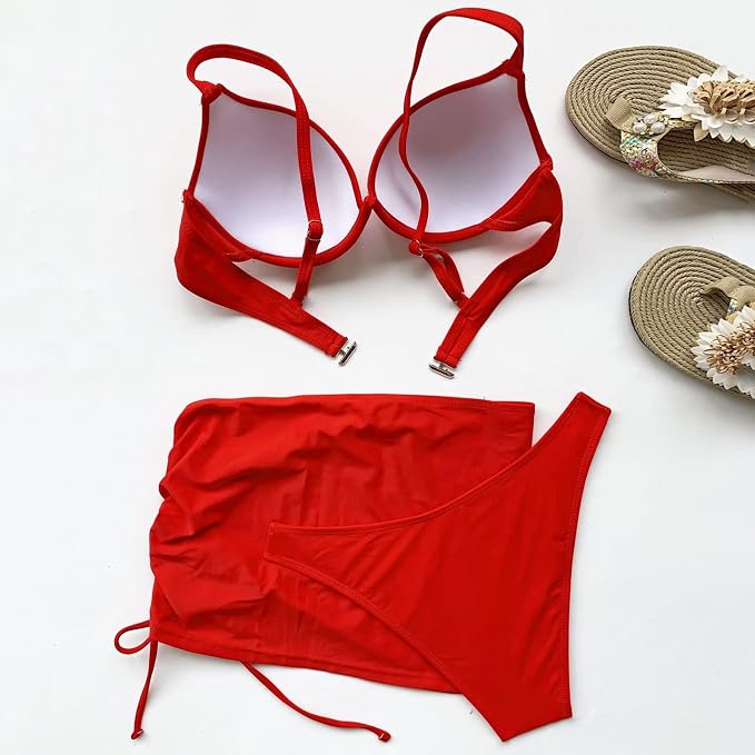 Damen Bikini Set | Bügel-Oberteil & Geraffter Strandrock | Verstellbare Träger