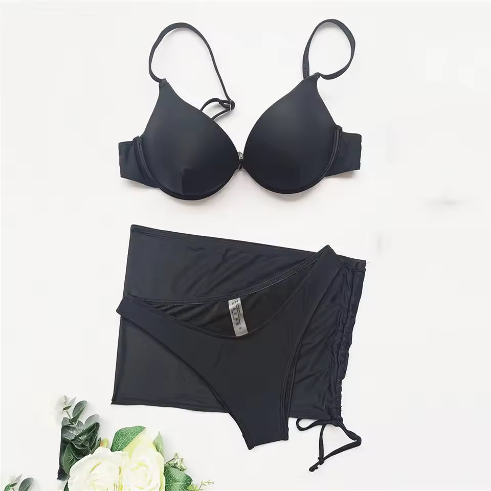 Damen Bikini Set | Bügel-Oberteil & Geraffter Strandrock | Verstellbare Träger