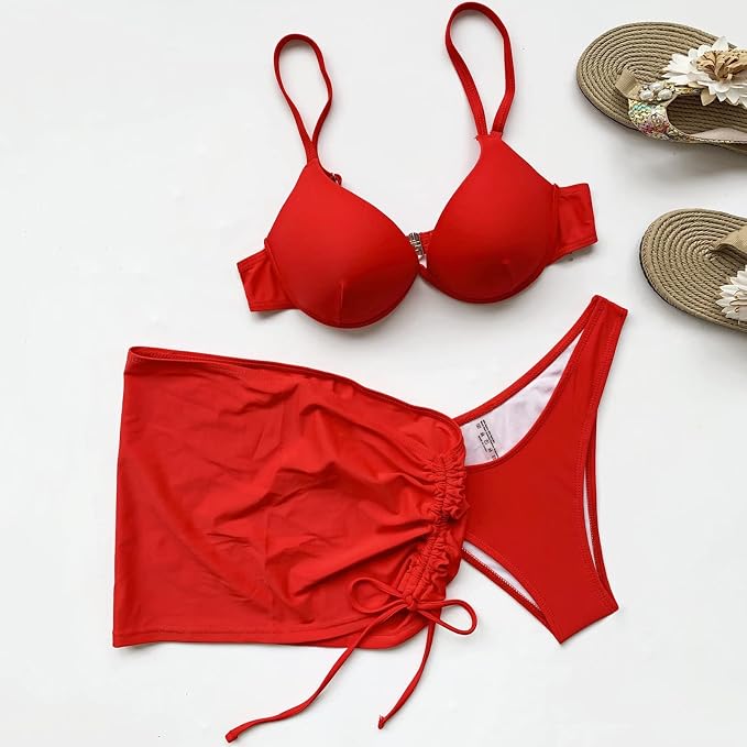 Damen Bikini Set | Bügel-Oberteil & Geraffter Strandrock | Verstellbare Träger