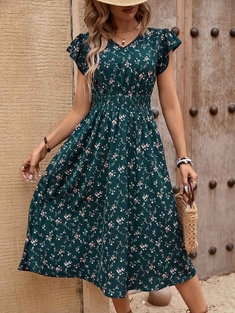 Damen Casual V-Ausschnitt Midi Kleid - Celeste