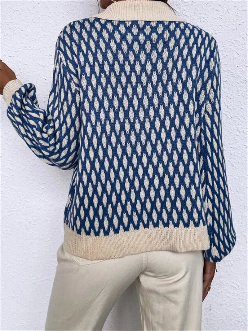 Damen Oversize Strickpullover Blau im Vintage-Karo Look