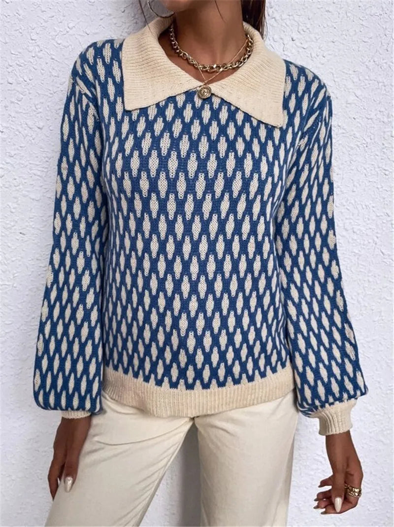 Damen Oversize Strickpullover Blau im Vintage-Karo Look