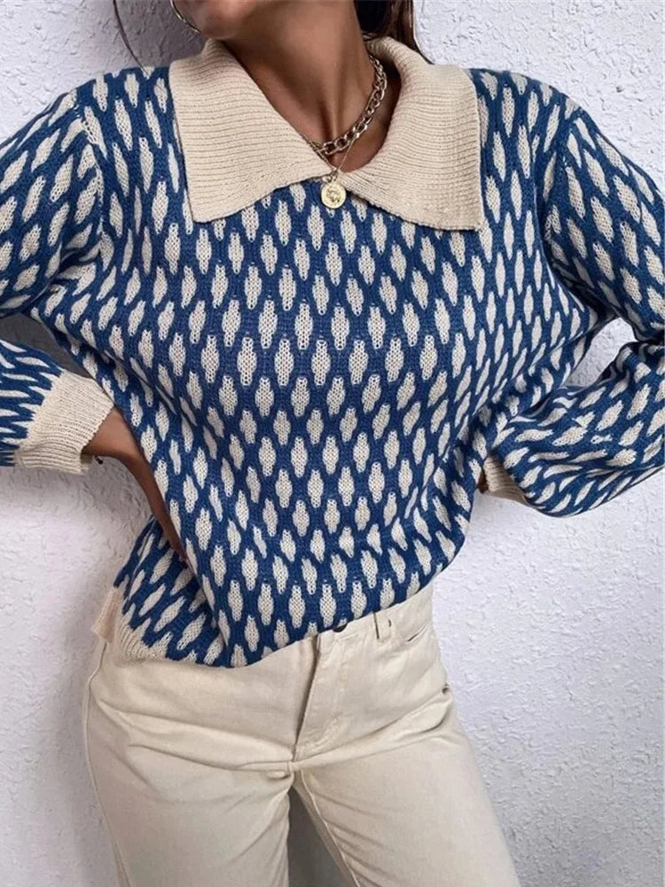 Damen Oversize Strickpullover Blau im Vintage-Karo Look