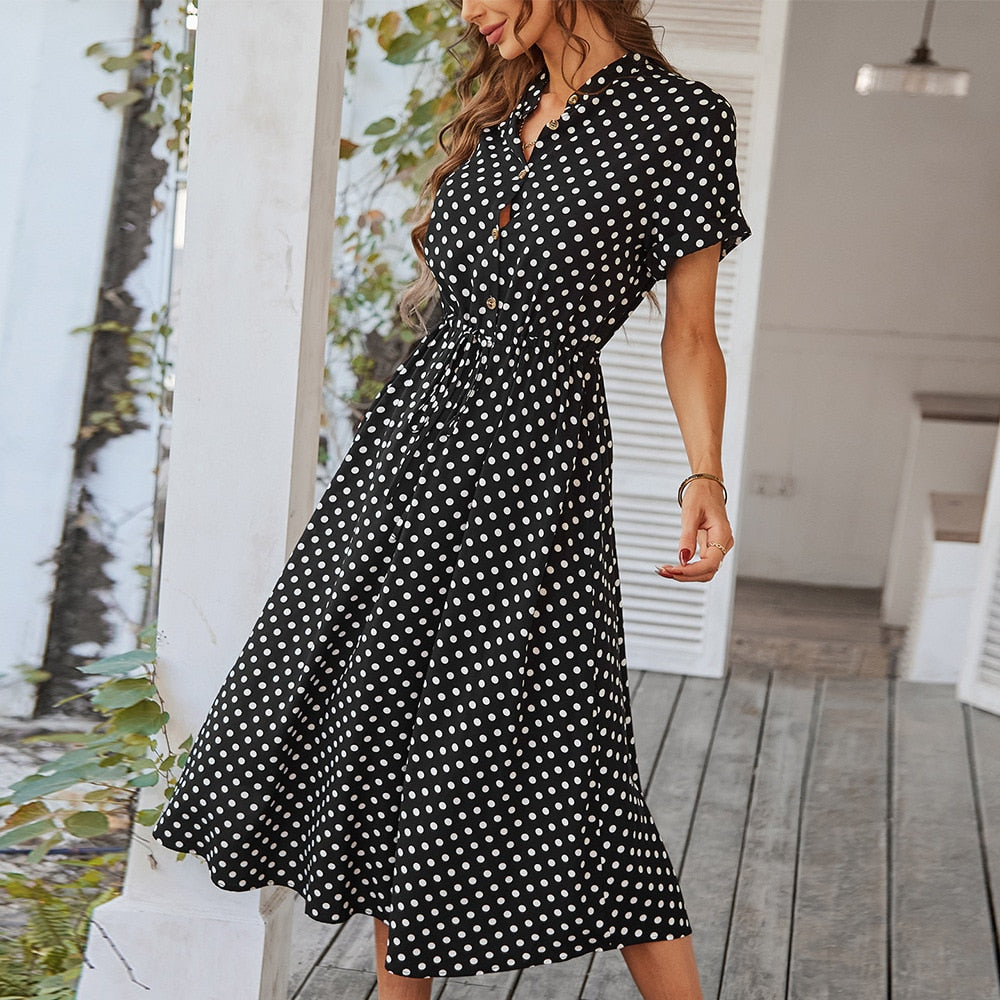Damen Polka Dot Midi Kleid - Isabella