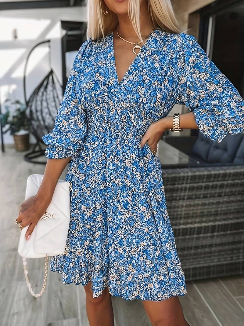 Damen Puffärmel Boho Mini Kleid - Ava