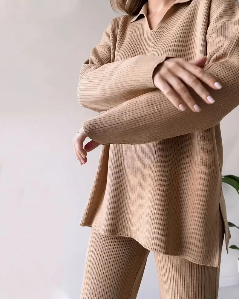 Damen V-Ausschnitt Casual Schlitz gestrickt Zweiteiliges Set