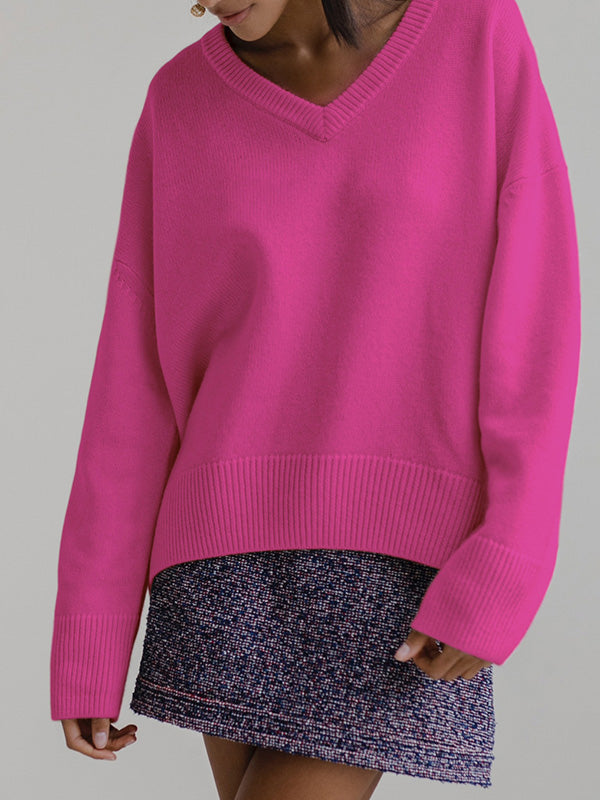 Damen V-Ausschnitt Strick Pullover | Langarm