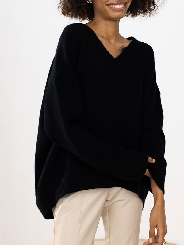 Damen V-Ausschnitt Strick Pullover | Langarm