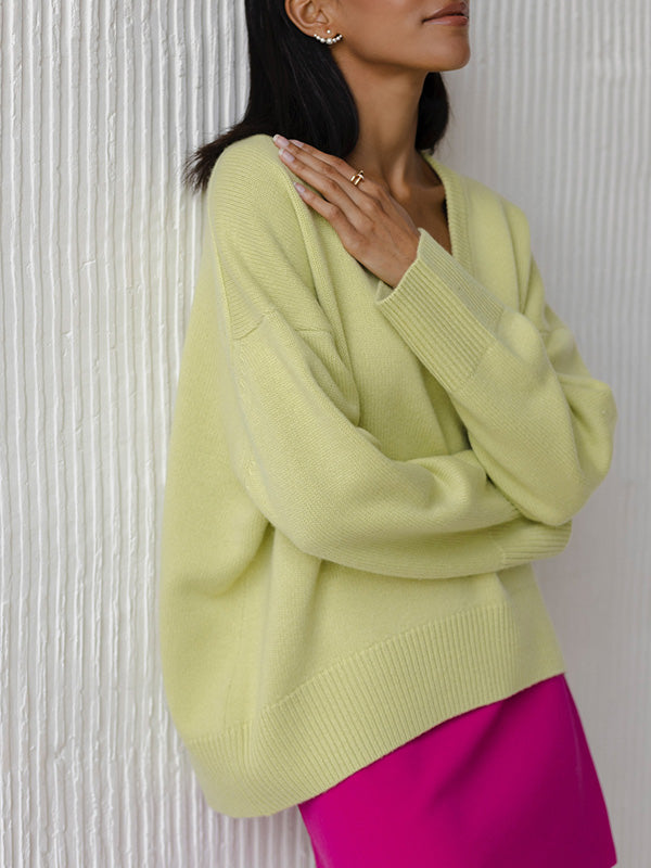 Damen V-Ausschnitt Strick Pullover | Langarm