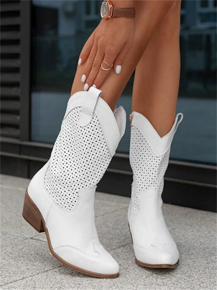 Damen-Vegan-Leder-Stiefel mit perforiertem Design 0