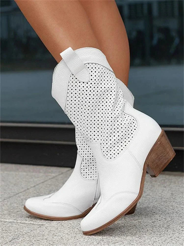 Damen-Vegan-Leder-Stiefel mit perforiertem Design 2