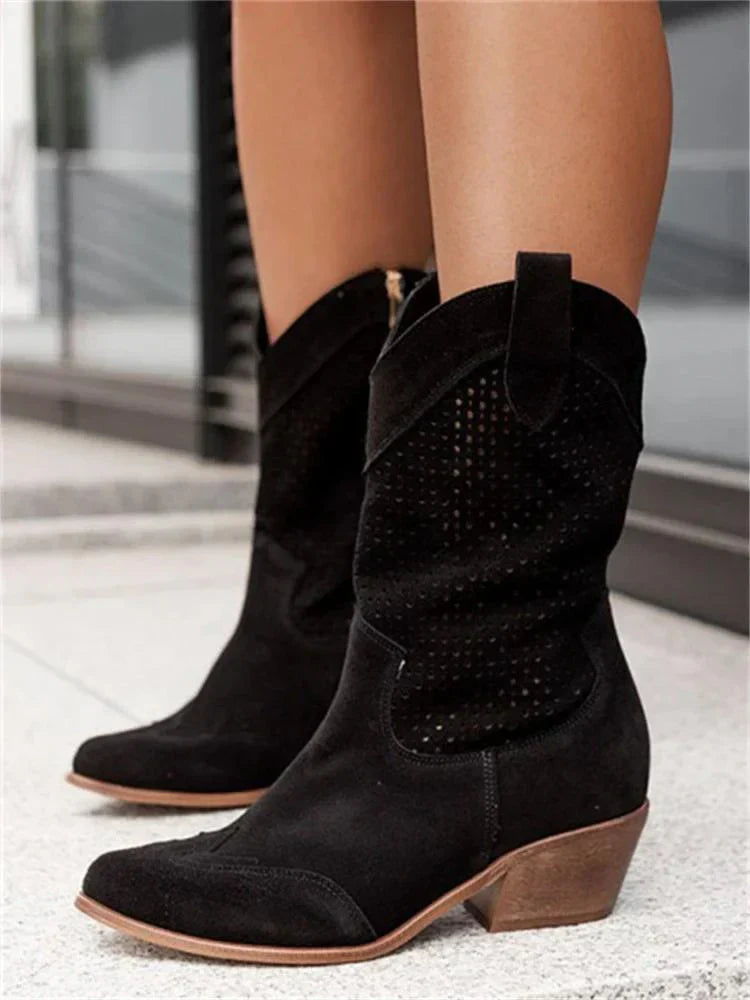 Damen-Vegan-Leder-Stiefel mit perforiertem Design 3