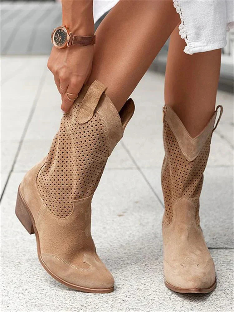 Damen-Vegan-Leder-Stiefel mit perforiertem Design 4