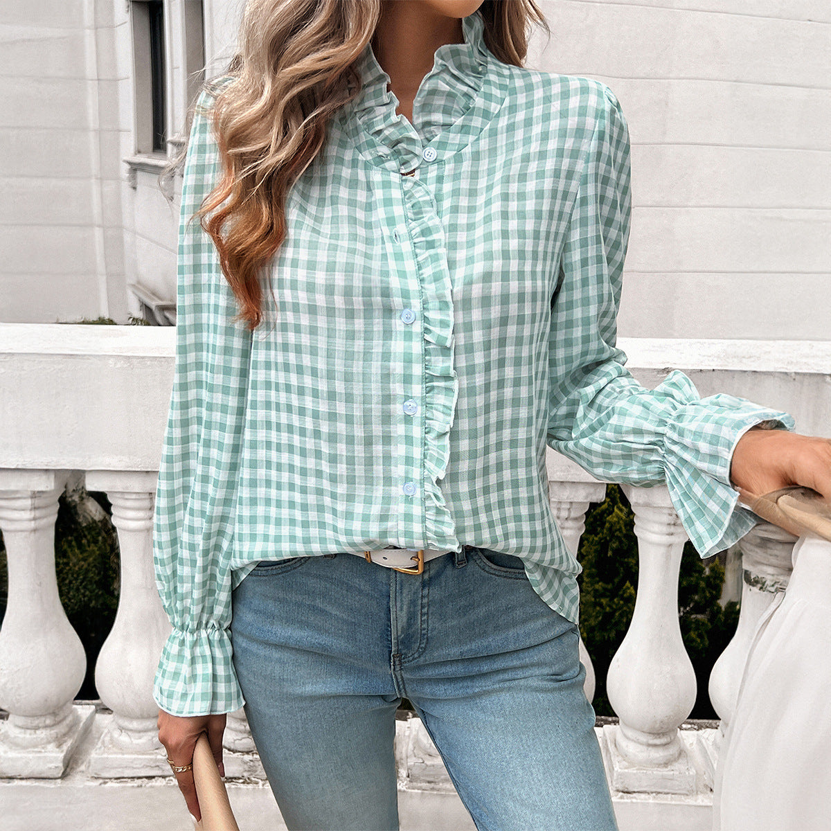 Damen Karo-Bluse mit Rüschen und Knopfleiste 0
