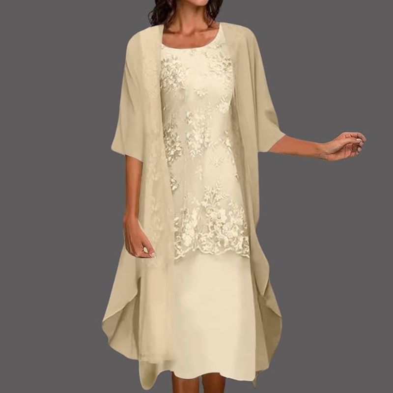 Damenkleid Midi | Cape-Layering & Elegante Spitzen-Optik