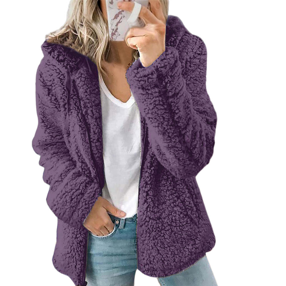 Damenmode | Eleganter Bären Teddy Pelzmantel: Weicher Fleece Mantel mit Taschen und Reißverschluss